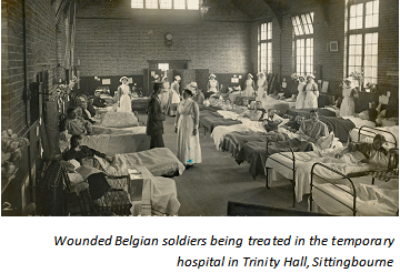Wounded Belgian soldiers being treated in the temporary hospital in Trinity Hall, Sittingbourne