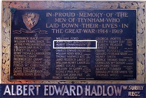 Teynham Memorial lists Albert Edward Hadlow of Lynsted
