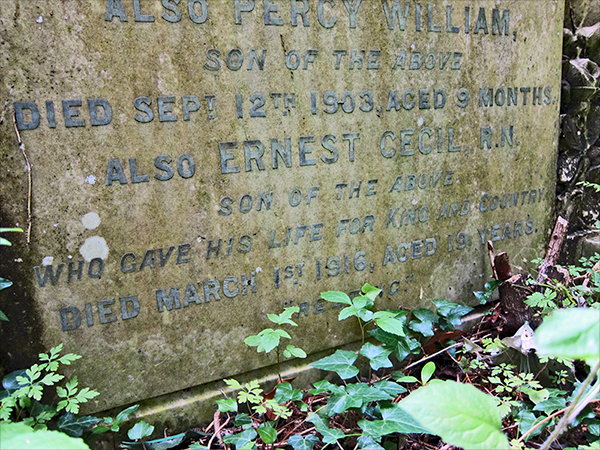 Ernest Cecil Kemp is named on his parents' grave stone in Lynsted Extension Graveyard