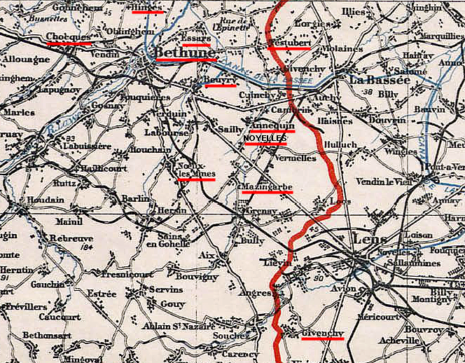 Map showing the Western Front near Bethune in 1916