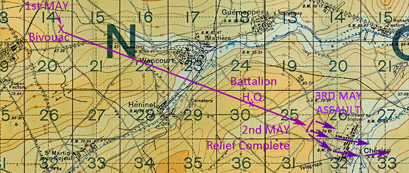 Map showing Cherisy at the beginning of May 1917