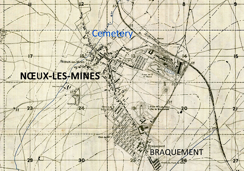 Map of Noeux les Mines giving Cemetery location