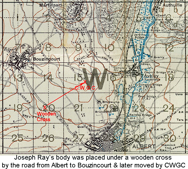 Map showing the place Joseph Ray was initially buried then concentrated to the CWGC Cemetery