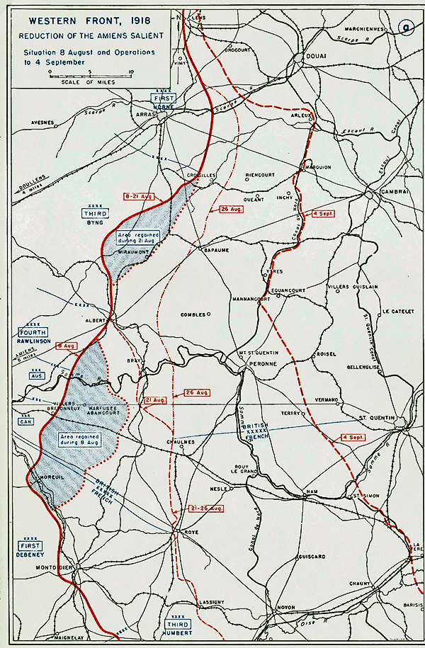 The August reduction in the Amiens Salient forcing German troops into reverse