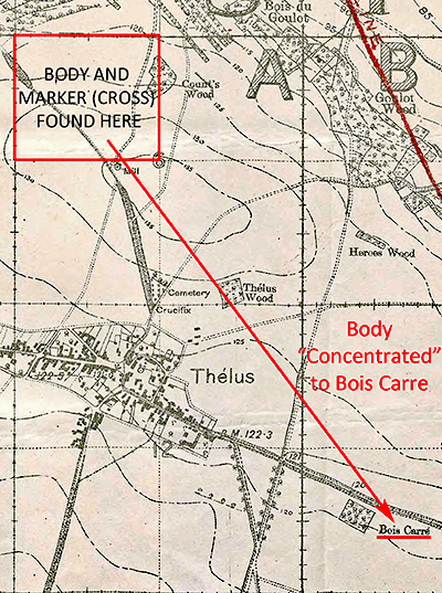 Map showing where Frank Mills body concentrated to  Bois Carre