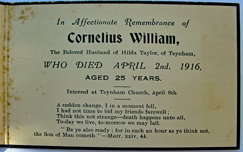 Cornelius William Tayor In Memoriam Card verse and dedication