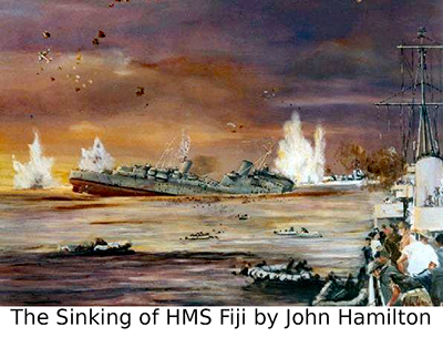 Painting by John Hamilton of the sinking of HMS Fiji